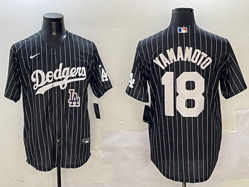 Men Los Angeles Dodgers 18 Yamamoto Black Stripe Jointly Name 2025 Nike MLB Jersey style 1